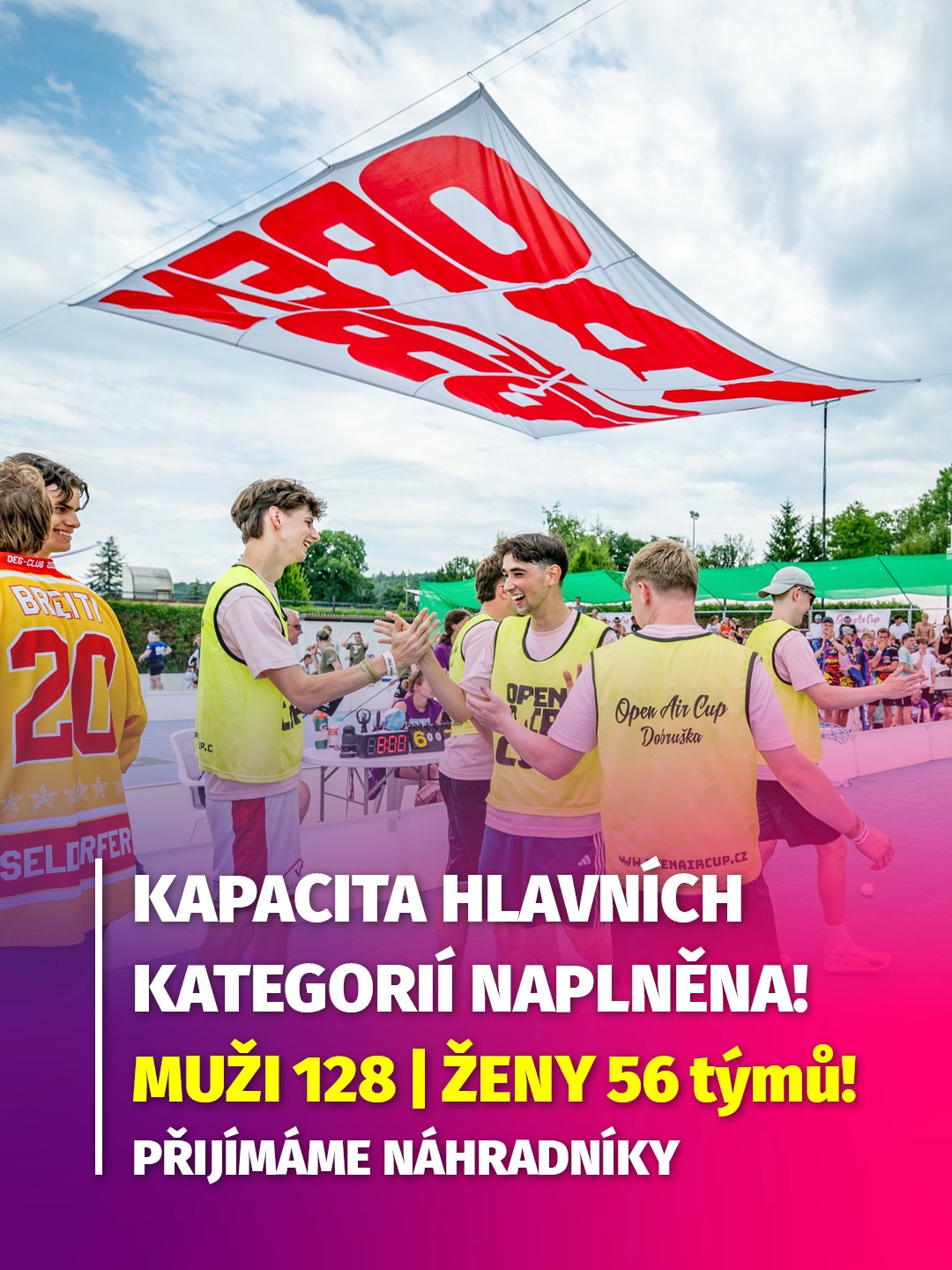 OAC DOBRUŠKA 2026 - Aktuální stav přihlášek!
Děkujeme za obrovský zájem o letošní turnaj. 
V hlavních dospělých kategoriích máme plno!

HLAVNÍ TURNAJ
Kapacita je naplněna, ale stále se můžete registrovat jako náhradníci. 
Každý rok se někdo z různých důvodů odhlásí a místa na turnaji se i průběžně uvolňují.
Stačí se přihlásit a zaplatit startovné – pokud se na vás místo nedostane, startovné samozřejmě vrátíme v plné výši.
Veteránské kategorie ještě pár volných míst nabízejí!

MLÁDEŽNICKÝ TURNAJ
Tady naopak stále hlásíme dostatek volného místa ve všech kategoriích!
Neváhejte a přihlašte své týmy, přihlášky přijímáme do konce května!

Kompletní info o turnaji na webu openaircup.cz".