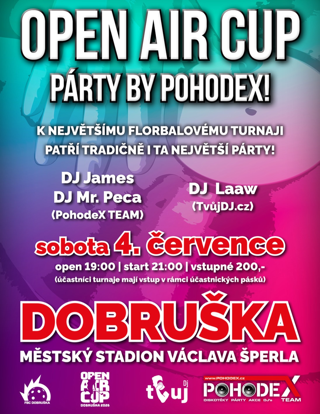 535 likes, 0 comments - pohodex.team on June 29, 2026: "Už po jedenácté ovládne Open Air Cup jeho neodmyslitelná součást – OPEN AIR CUP PÁRTY! 
Pro mnohé je to právě ona, co dělá celý víkend nezapomenutelným.

Všichni jste zváni!
🔊 DJ James (PohodeX Team)
🔊 DJ Mr. Peca (PohodeX Team)
🔊 DJ Laaw (TvůjDJ)

Vstup otevřen od: 18:00 | START: 21:30 | VSTUP: 200,- Kč
(Aktivní účastníci florbalového turnaje mají vstup zahrnut v rámci účastnických náramků)

Více o samotném turnaji:
www.facebook.com/oacupdobruska
www.openaircup.cz
www.instagram.com/openaircupdobruska".
