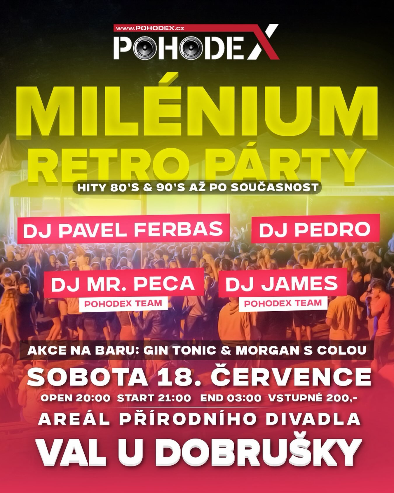 218 likes, 0 comments - pohodex.team on July 8, 2026: "Třetí letošní party ze série Open Air akcí v Areálu přírodního divadla ve Valu u Dobrušky se blíží ‼️ 
Tentokrát Milénium Retro party 🪩
 
Zazní největší hity od 80’s & 90’s až po současnost 

Na baru akční Gin Tonic & Morgan s Colou 🍹

🔊 DJ Pavel Ferbas 
🔊 DJ Pedro 
🔊 DJ James (PohodeX Team)
🔊 DJ Mr.Peca (PohodeX Team)

Termíny následujících akcí ve Valu u Dobrušky:
 8. srpna | 29. srpna

► ZASTŘEŠENÝ PARKET
► Zastřešené bary v dostatečném množství
Akce se koná za každého počasí, parket ZASTŘEŠEN!

📅 Sobota 18. července 2026
⏰ Open 20:00 | Start 21:30 | End 03:?? | Vstupné 200,-".