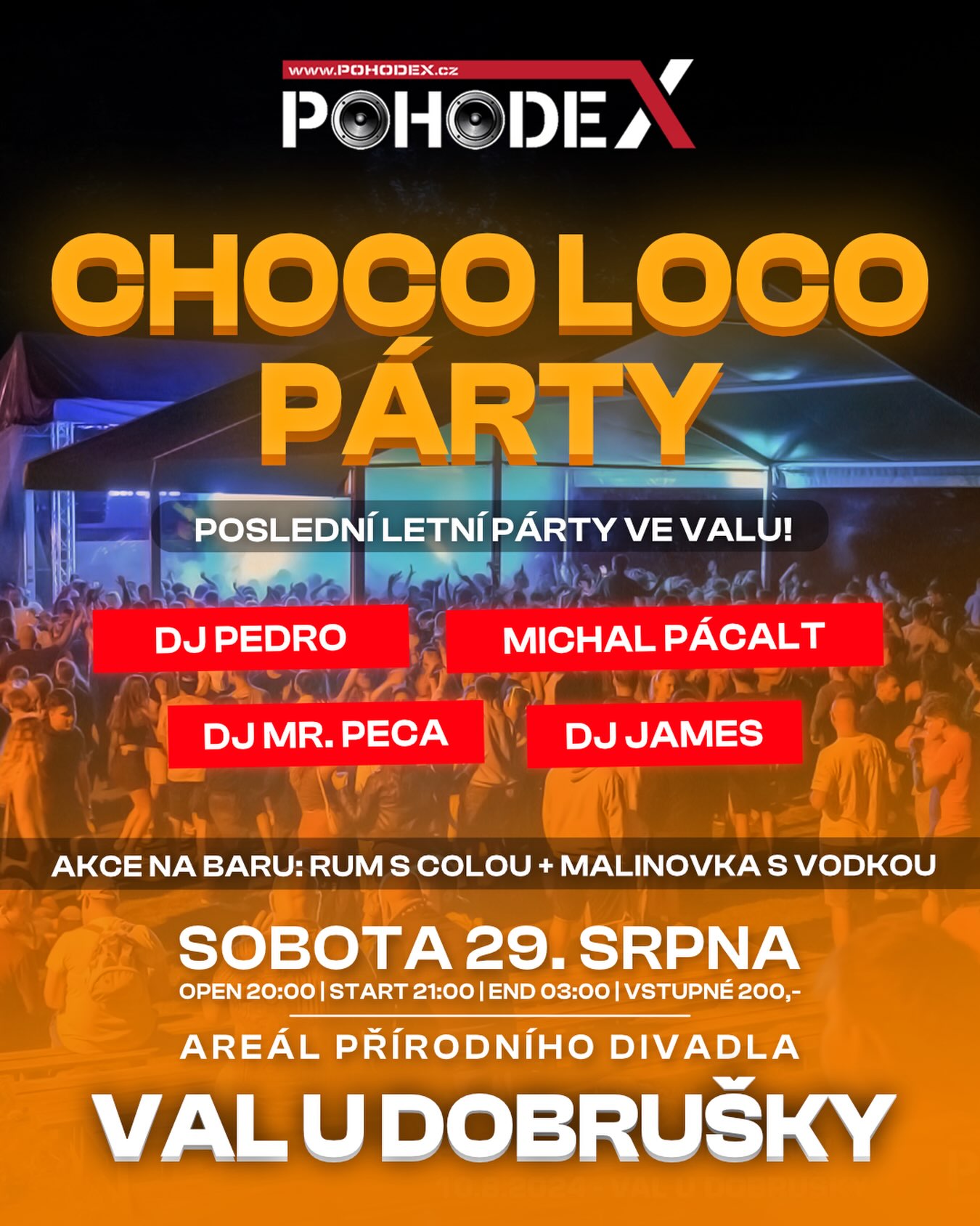 376 likes, 1 comments - pohodex.team on August 17, 2026: "Poslední letošní party ze série Open Air akcí v Areálu přírodního divadla ve Valu u Dobrušky se blíží ‼️ 
Tentokrát Choco Loco party 🍹
 
🔊 DJ Pedro (TvujDJ.cz)
🔊 DJ Michal Pácalt (TvujDJ.cz)
🔊Support: Pohodex Team

Dvojice zkušených a nejbližších DJs se opět vrací na místo činu ‼️
Kdo už zažil nějaký ten mejdan s touhle dvojkou, si to prostě nemůže nechat ujít. A kdo je ještě neviděl, uvidí to, co ještě neslyšel a uslyší to, co ještě neviděl.

► ZASTŘEŠENÝ PARKET
► Zastřešené bary v dostatečném množství
Akce se koná za každého počasí, parket ZASTŘEŠEN!

📅 Sobota 29. Srpna 2026
⏰ Open 20:00 | Start 21:30 | End 03:?? | Vstupné 200,-".